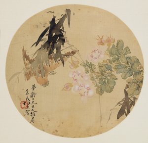 رسم مروحة - زهرة وعصفور ، القرن التاسع عشر 1801-1900 بواسطة غير معروف