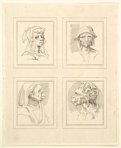 أربعة رؤوس من Characaturas بقلم ليوناردو دا فينشي ، من رسومات Wincelslaus Hollar ، o ... ، 1786. بواسطة غير معروف