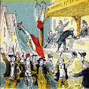 الثورة الفرنسية: النواتج الطوعية للثوار. نقش في "Histoire de France". سلسلة من الصور الإعلانية نُشرت باسم Louit ، 24 شارع d'Eysines-a-Bordeaux ، حوالي عام 1920. الحجم الإجمالي للصورة: 7.8x5.5 سم. بواسطة غير معروف