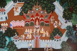فريسكو في وات أمفارام ، هوا هين ، تايلاند. Temiya Jataka ، المسمى أيضًا Muga-Pakkha Jataka ، إحدى الحياة السابقة لبوذا. بواسطة غير معروف