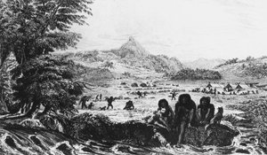 Fuegians في Woollya ، مع معسكر بعثات Fitzroy في الخلفية ، 1831 1839 بواسطة غير معروف