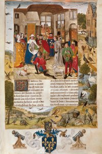 الإمبراطور الألماني فريدريك الثاني من Hohenstaufen محاطًا بصائدي الصقور ، المنمنمات. بواسطة غير معروف