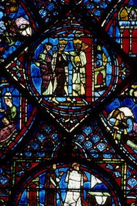 العمارة القوطية. Histoire de Charlemagne (التفاصيل): استقبل شارلمان (742-814) قسطنطين الأول ، الإمبراطور البيزنطي. زجاج معشق من العيادات الشمالية ، عبسي. كاثيدرال دي شارتر. بواسطة غير معروف