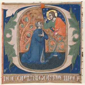 O التأريخي التأريخي المستخرج من Antiphonary: المتبرع ، Gorus Fucci ، Kneels قبل المسيح ، ج بواسطة غير معروف