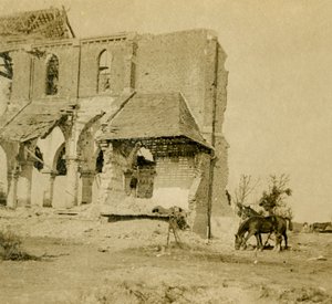 الخيول ترعى بالقرب من الكنيسة المدمرة ، فرايز ، شمال فرنسا ، c1914-c1918 بواسطة غير معروف