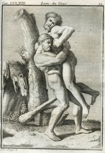 يستخدم الرسام الفلورنسي صورة هرقل (هيراكليس) الذي يحمل أنطايوس في حضن مميت ، والذي لم يعد لا يقهر عندما رفع من الأرض ، لدراسة الشكل البشري مع دعم الوزن. نقش من "" علاج الرسم "" ليوناردو بواسطة غير معروف