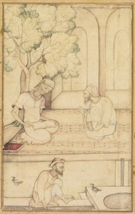 كبير واثنين من المتابعين على شرفة مستقيمة ، الخط العربي ، ج. 1610-1620. بواسطة غير معروف