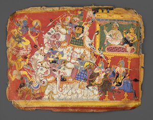 كريشنا يحارب جيوش شيطان ناراكا: صفحة من مخطوطة بهاجافاتا بورانا ، كاليفورنيا. 1540. بواسطة غير معروف