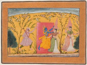 كريشنا يوقع حصيلة من خادمات اللبن ، من Bhagavata Purana ، ج. 1600. بواسطة غير معروف