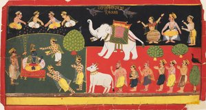 كريشنا يوقر من قبل إندرا وصوله على فيل أبيض ، c1720 بواسطة غير معروف
