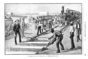 وضع النائمة والقضبان بشكل دائم على سكة حديد ترانسفال ، جنوب أفريقيا ، 1893 بواسطة غير معروف