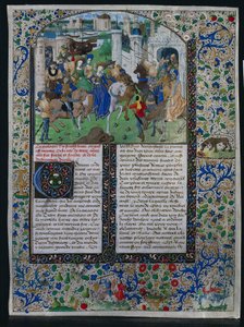 ورقة من Jehan de Courcys Universal Chronicle: الملك بريام يلتقي هيلين وباريس ... ، ج. 1470. بواسطة غير معروف