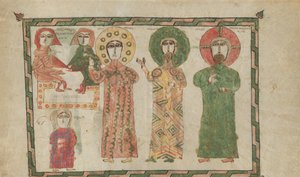 ورقة من كتاب الإنجيل مع أربعة مبشرين واقعيين ، 1290-1330. بواسطة غير معروف