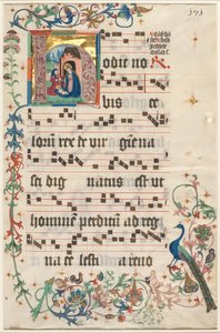ورقة من Antiphonary: H الأولي مع مستطيل الميلاد والنص المقابل ، ج. 1480. بواسطة غير معروف