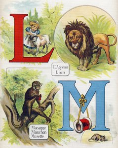 الحرفان L و M: لحم الضأن والأسد ، المكاك ، الكم والموسيت. نقش في "ABC L'alphabet des bebes". حجم غير قابل للكسر على القماش في الطباعة الحجرية الملونة. A. Capendu ، محرر ، باريس. أوائل القرن العشرين ، حوالي عام 1905. صور من أصل إنجليزي ، مصحوب بواسطة غير معروف