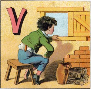 الحرف الخامس آفاسيستاس. طفل فضولي ينظر من النافذة. نقش في "Alphabet des petits ecoliers". تصوير إبينال ، حوالي عام 1885. مجموعة بريفيه بواسطة غير معروف