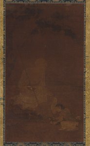 لوهان جالس ، مرافق راكع أمامه ، أسرة يوان أو مينغ ، 1279-1644. بواسطة غير معروف