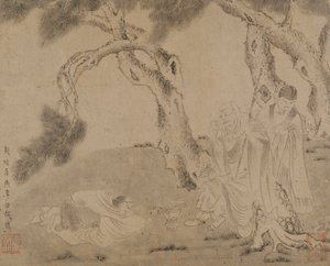 لوهان ، المرافق ، والمصلي تحت أشجار الصنوبر ، أسرة يوان أو مينغ ، 1279-1644. بواسطة غير معروف