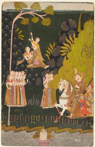 مهراجا أبهاي سينغ ، فروسية ، مشاهدة الفتيات يتأرجح في مهرجان تيج ، ج. 1740. بواسطة غير معروف