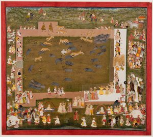 المهراجا سانجرام سينغ ومحكمته يلاحظون معركة بين النمور والخنازير في الصدري ، ج. 1720. بواسطة غير معروف