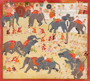 ماهارانا راج سينغ يراقب قتال الأفيال ، كاليفورنيا. 1670-1675. بواسطة غير معروف