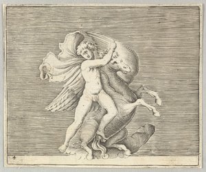 رجل يتصارع مع الحصان المجنح ، تم نشره في كاليفورنيا. 1599-1622. بواسطة غير معروف