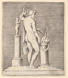 رجل مع الشعلة بين مذبح المشتعلة والتمثال ، تم نشره في كاليفورنيا. 1599-1622. بواسطة غير معروف