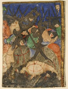قطع مخطوطة يُظهر مشهدًا من الكتاب المقدس العبري ، ربما حياة الملك داود ، حوالي 1400. بواسطة غير معروف