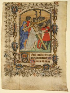 ورقة مخطوطة من كتاب الصلوات تُظهر الحرف الأول المضيء د والمسيح ... ، 1390-1400. بواسطة غير معروف
