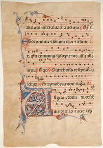 ورقة مخطوطة مكتوب عليها الحرف الأول المرقق A ، من Antiphonary ، القرن الرابع عشر. بواسطة غير معروف