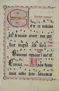 ورقة مخطوطة تحمل الحرف الأول E ، من Antiphonary ، ألماني ، الربع الثاني من القرن الخامس عشر. بواسطة غير معروف
