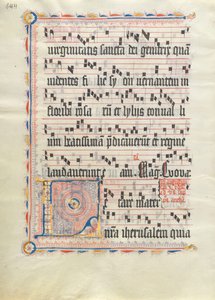ورقة مخطوطة بالأحرف الأولى L ، من Antiphonary ، ألماني ، الربع الثاني من القرن الخامس عشر. بواسطة غير معروف