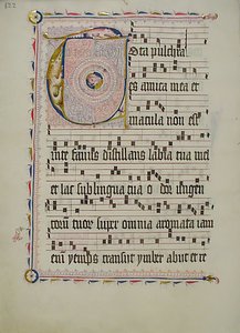 ورقة مخطوطة عليها الحرف الأول T ، من Antiphonary ، ألماني ، الربع الثاني من القرن الخامس عشر. بواسطة غير معروف