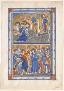 ورقة مخطوطة مع العذاب في الجنة وخيانة المسيح ، من سفر المزامير الملكي ، كاليفورنيا. 1270. بواسطة غير معروف