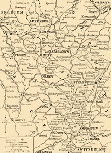 خريطة توضح الحدود بين فرنسا وألمانيا ، الحرب العالمية الأولى ، c1915 ، c1920. بواسطة غير معروف