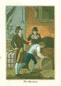 التاجر وكاتبه في فحص البضائع على رصيف الميناء في مستودع ، 1823 بواسطة غير معروف