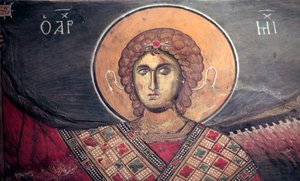 Mickael Archangel Byzantine جدارية من كنيسة باناجيا تو أراكوس في القرن الثاني عشر في قبرص الكنائس المرسومة موقع اليونسكو ترودوس ، قبرص بواسطة غير معروف