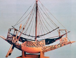 قارب نموذجي مع تزوير ، مقبرة توت عنخ آمون ، القرن الرابع عشر قبل الميلاد بواسطة غير معروف