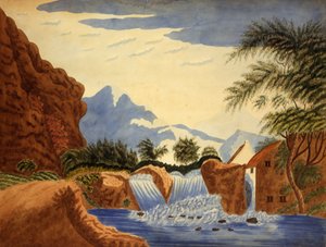 مشهد جبلي وعجلة مائية ، كاليفورنيا. 1820-1870. بواسطة غير معروف