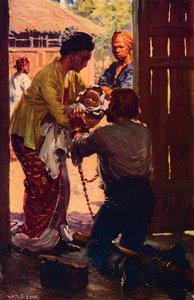 تأخذ السيدة جودسون طفلها إلى زوجها المقيد ، c1912 بواسطة غير معروف