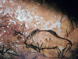 رسم الكهف من العصر الحجري الحديث لثور البيسون الجريح بواسطة غير معروف