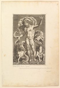 نبتون بين اثنين من خيول البحر ، كاليفورنيا. 1560-80. بواسطة غير معروف