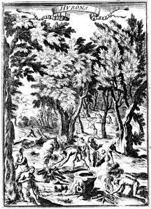 هنود أمريكا الشمالية هورون يصطادون ويجهزون الطعام في الغابات ، 1686 بواسطة غير معروف
