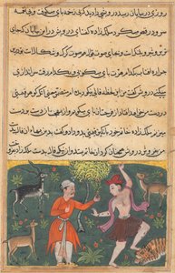 صفحة من حكايات ببغاء توتي ناما: الليلة الثامنة عشرة: يلتقي الأمير ... ، ج. 1560. بواسطة غير معروف