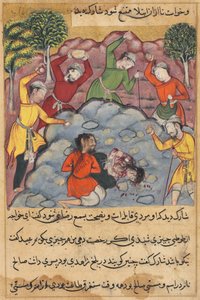 صفحة من حكايات ببغاء توتي ناما: ابنة راجاس وحبيبها رجموا ... ، ج. 1560. بواسطة غير معروف