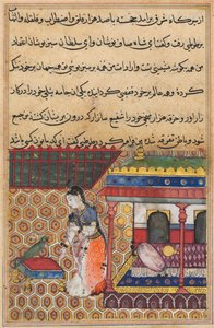صفحة من حكايات الببغاء توتي ناما: ثمانية وثلاثون ليلة: الببغاء يخاطب خوجاستا ، c1560. بواسطة غير معروف