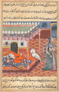 صفحة من حكايات ببغاء توتي ناما: الليلة السادسة والثلاثون: الملك يحلم بسيدة ... ، ج. 1560. بواسطة غير معروف