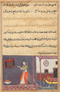 صفحة من حكايات الببغاء توتي ناما: الليلة الخامسة والعشرون: الببغاء يخاطب خوجاستا ... ، c1560 بواسطة غير معروف