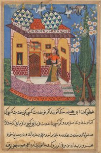 صفحة من حكايات الببغاء توتي ناما: الليلة السادسة والعشرون: الببغاء يخاطب خوجاستا ... ، c1560 بواسطة غير معروف