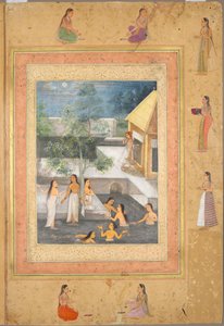 صفحة من ألبوم شاه جهان الراحل: Harem Night-Bathing Scene، c. 1653. بواسطة غير معروف